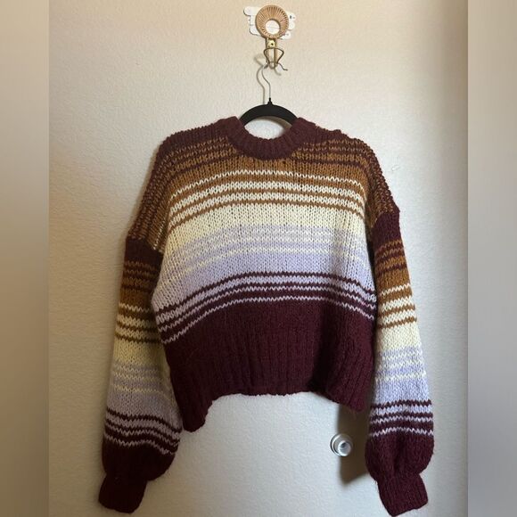 Zara Stripped Balloon Sleeve Knit Alpaca/Wool Blend Sweater‎ Sz Medium Red - Picture 3 of 7